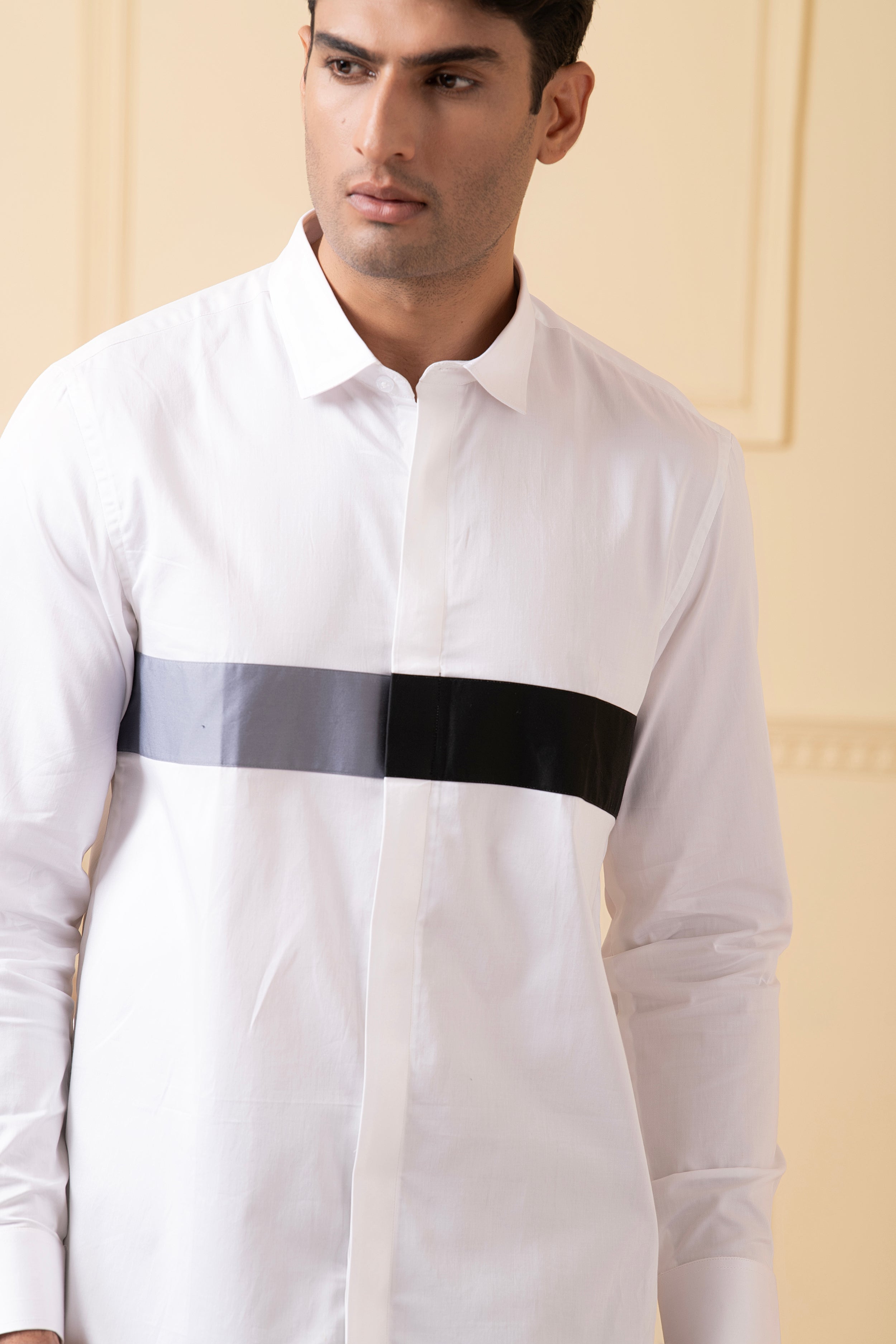 White Shirt With Grey And Black Horizontal Strip by Hilo Design | Grocsy
