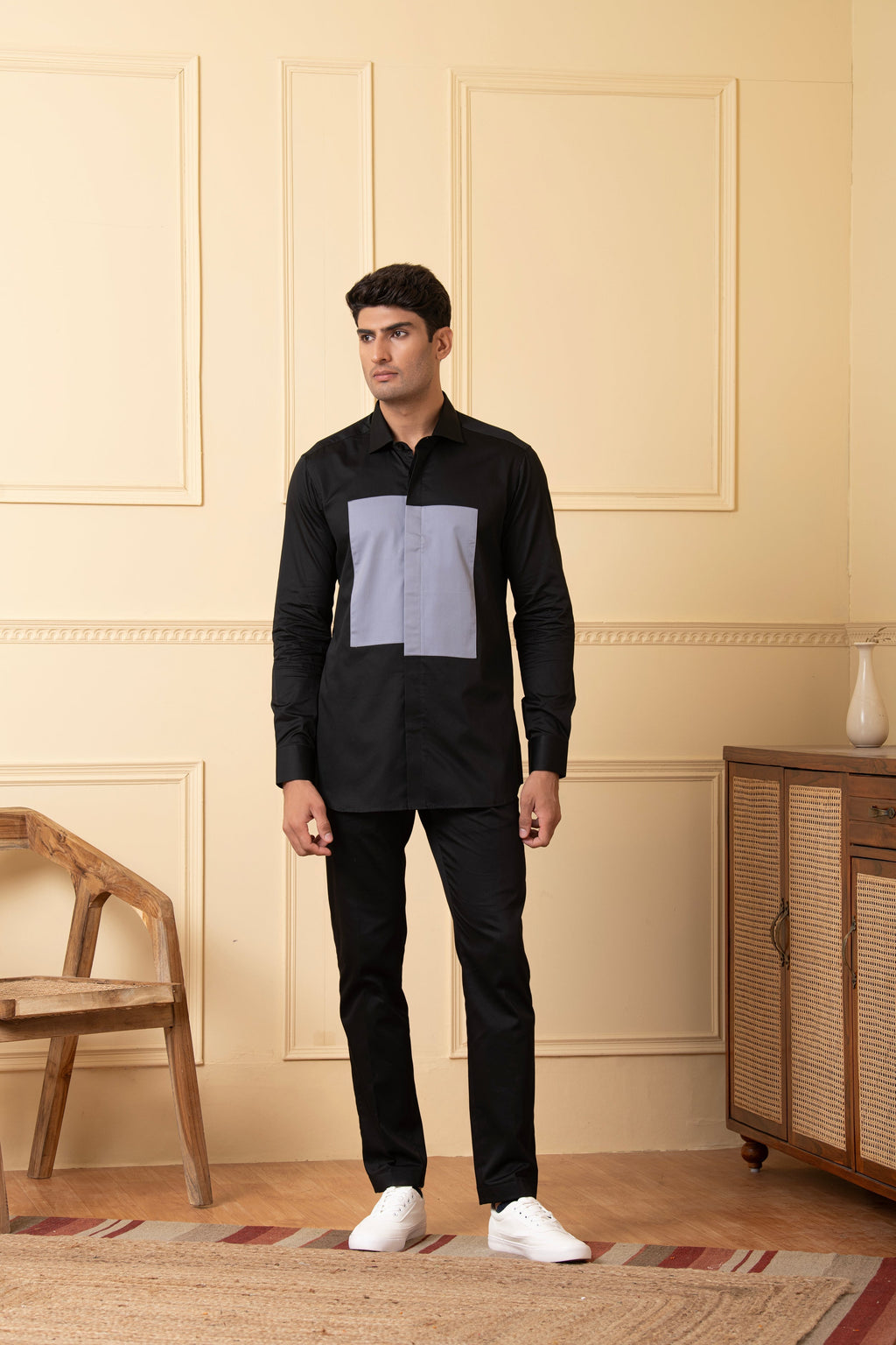 Black Shirt With Grey Patch Box by Hilo Design | Grocsy