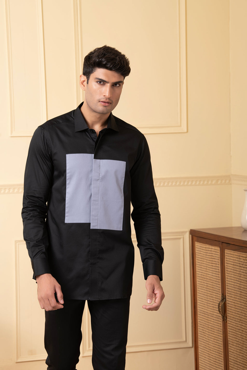 Black Shirt With Grey Patch Box by Hilo Design | Grocsy