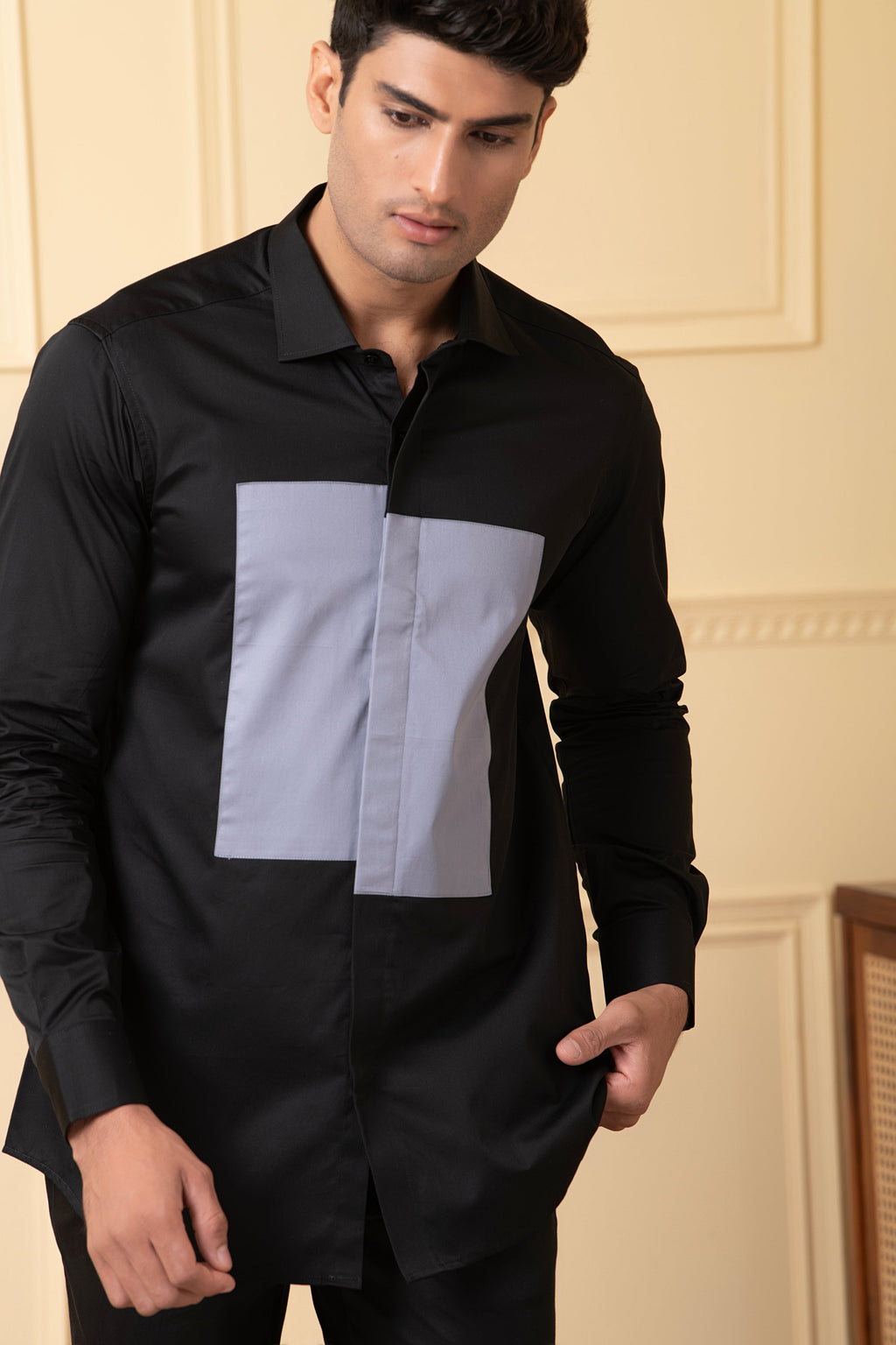Black Shirt With Grey Patch Box by Hilo Design | Grocsy