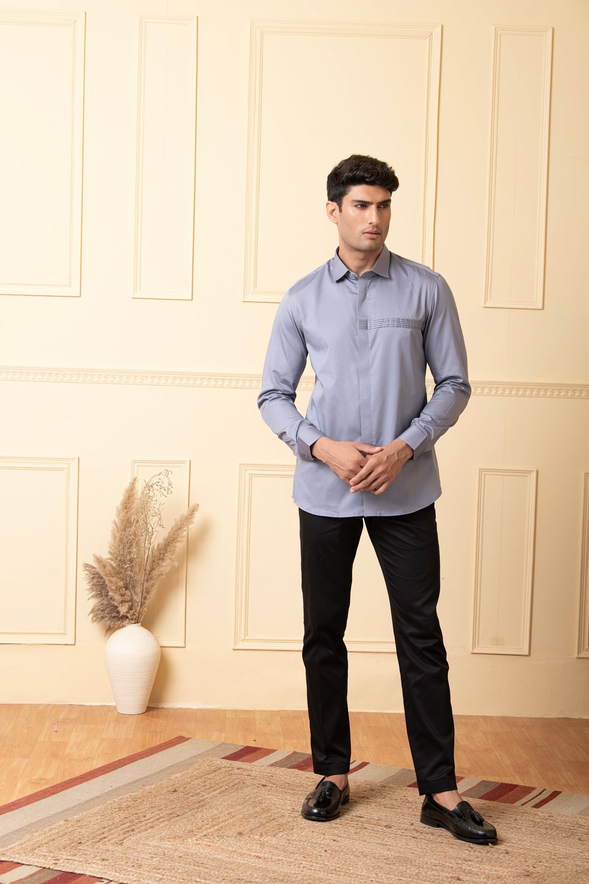 Ragic Grey Pintuck Shirt by Hilo Design | Grocsy