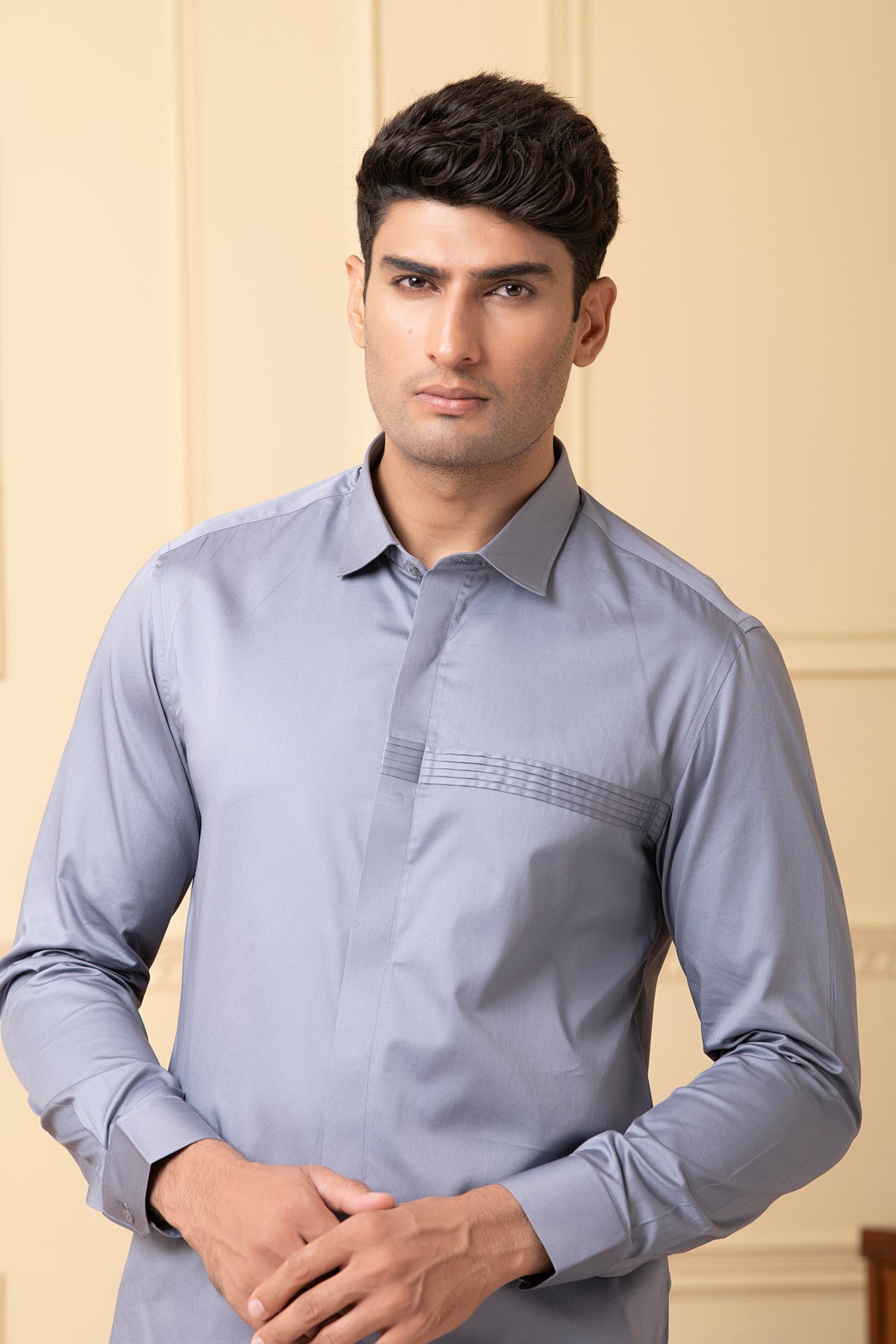 Ragic Grey Pintuck Shirt by Hilo Design | Grocsy