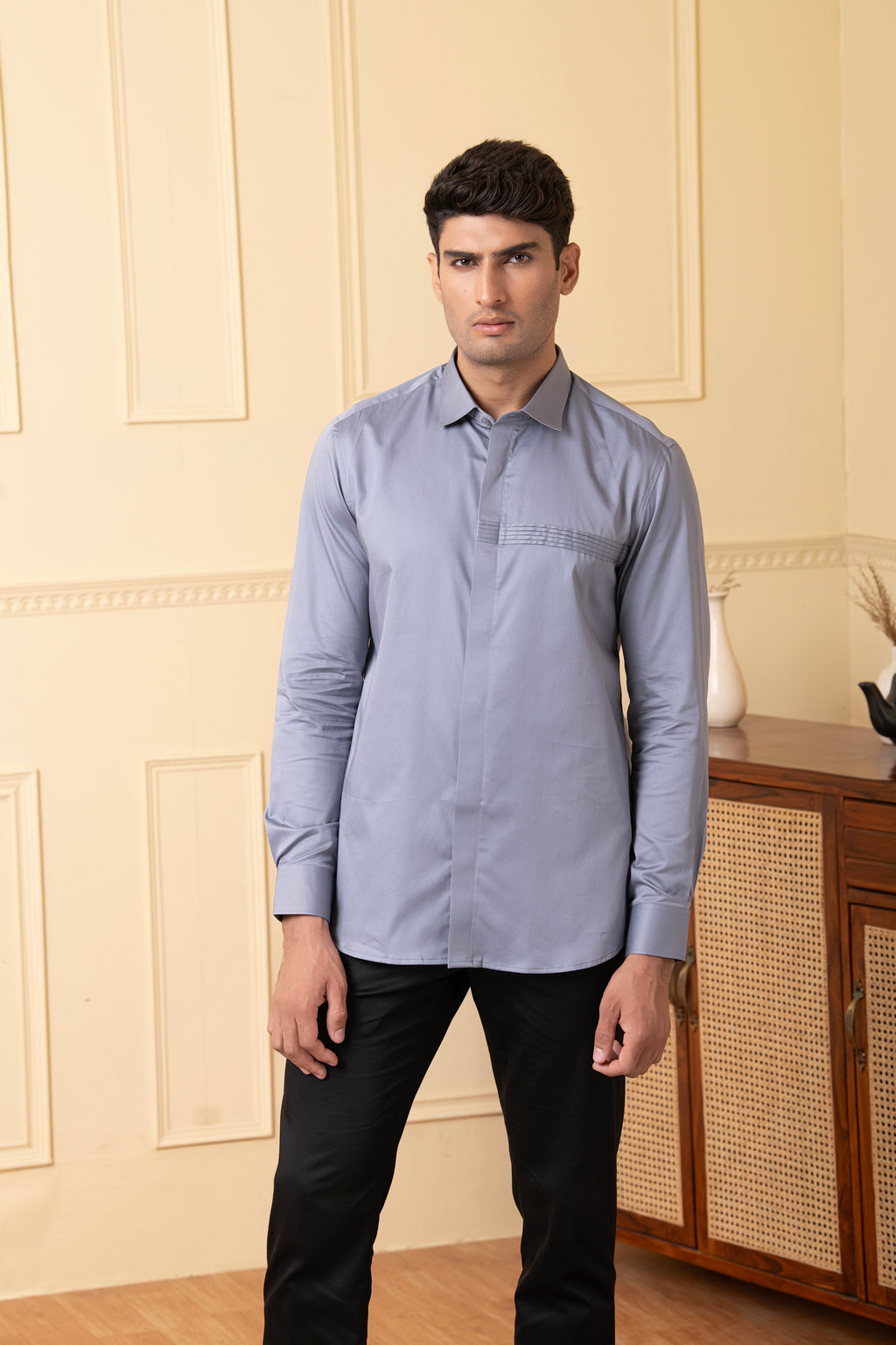 Ragic Grey Pintuck Shirt by Hilo Design | Grocsy