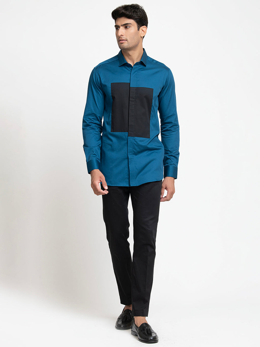 Blue Shirt With Black Patch Box Shirt by Hilo Design | Grocsy