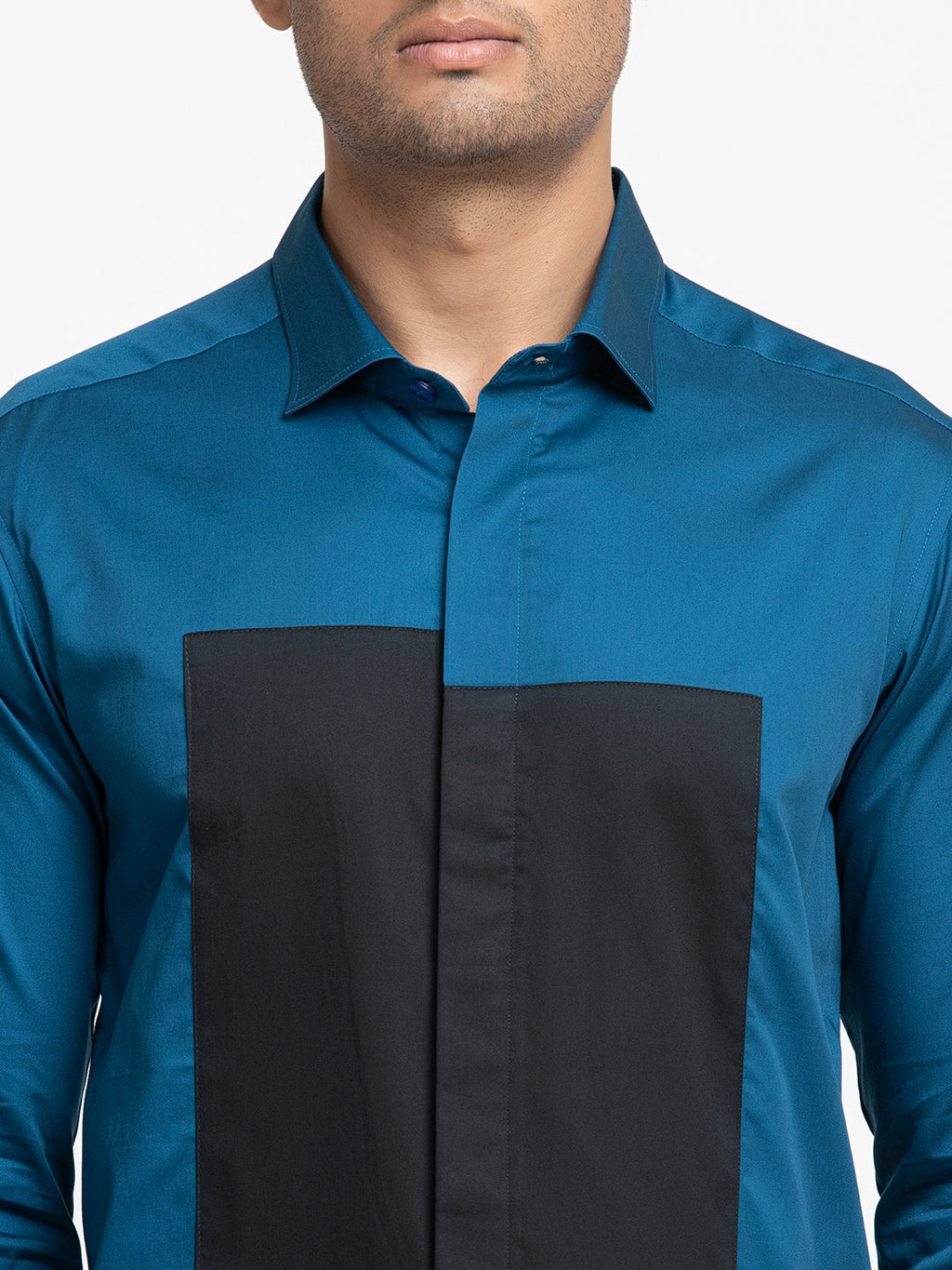 Blue Shirt With Black Patch Box Shirt by Hilo Design | Grocsy