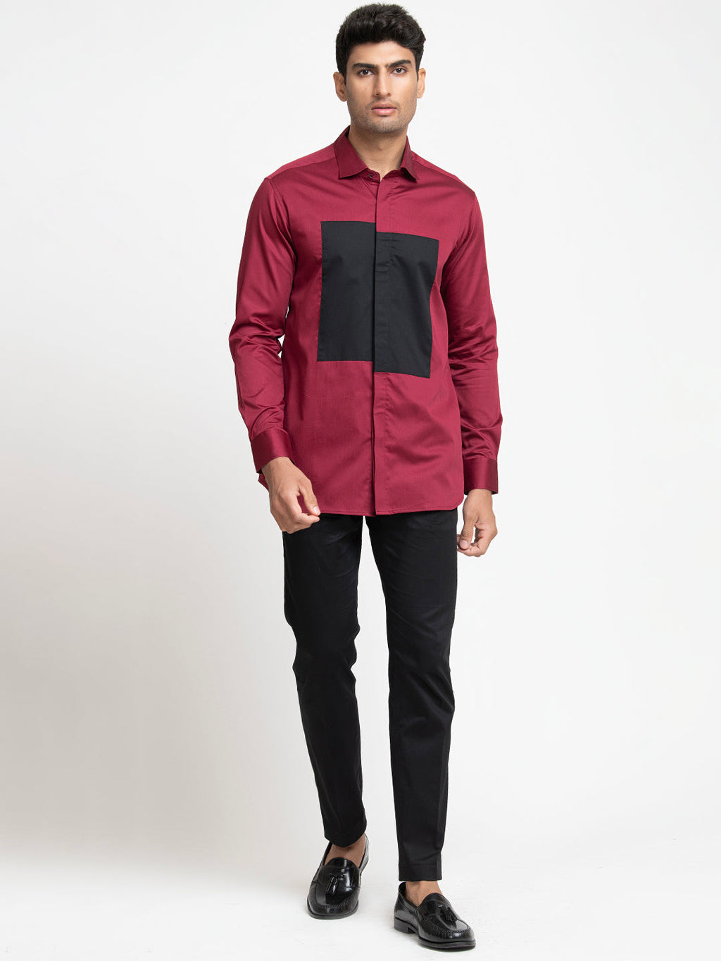 Red Shirt With Black Patch Box Shirt by Hilo Design | Grocsy