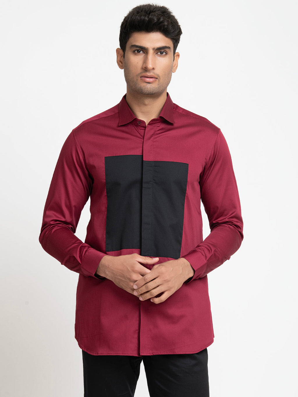 Red Shirt With Black Patch Box Shirt by Hilo Design | Grocsy