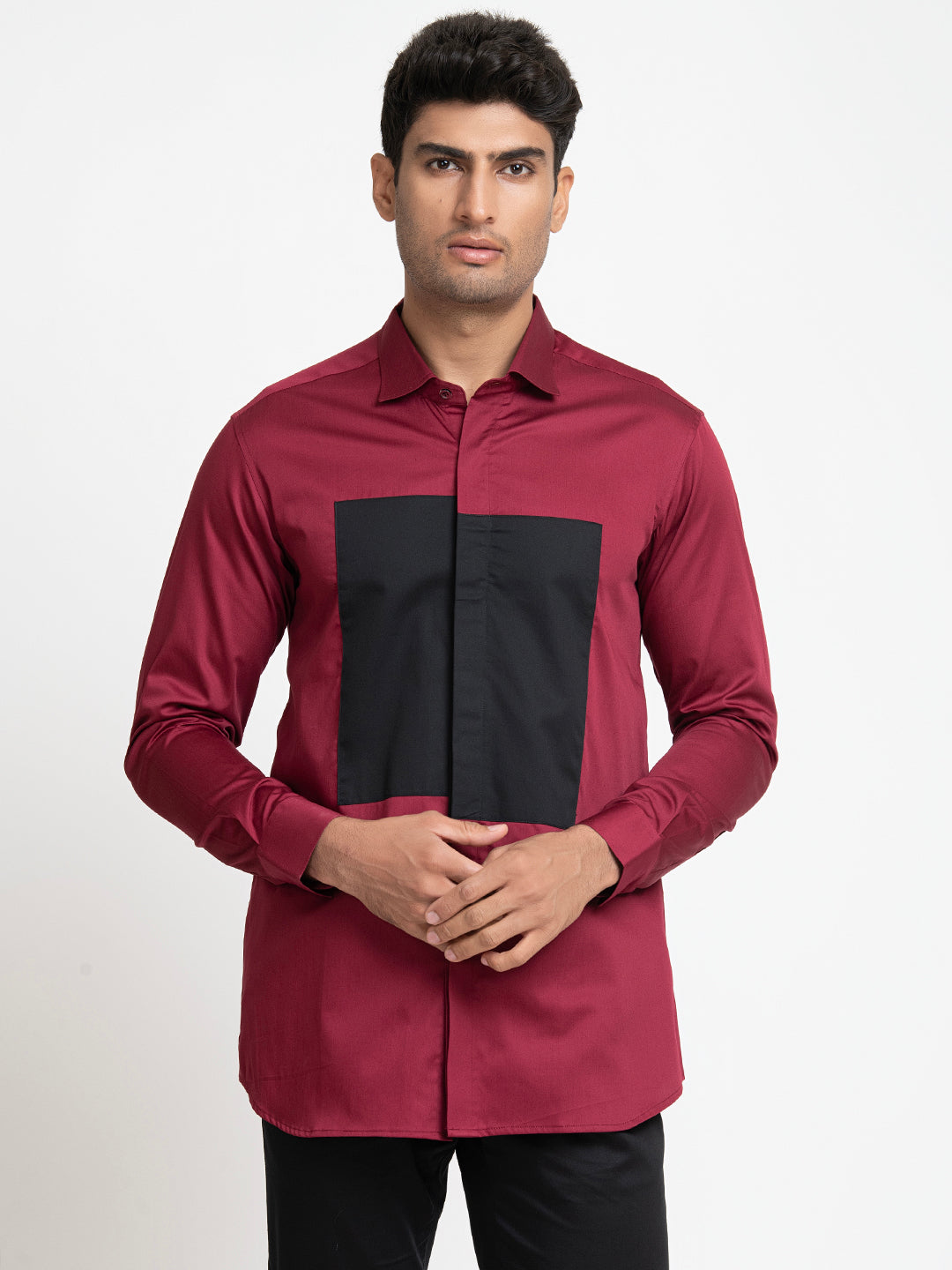 Red Shirt With Black Patch Box Shirt by Hilo Design | Grocsy