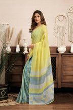 Joban Fashion Bright Yellow Striped & Geomatric Linen Ready To Wear Saree With Unstitched Blouse | Grocsy
