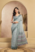 Vastranavya Grey Digital Printed Linen Ready To Wear Designer Saree with Unstitched Blouse | Grocsy