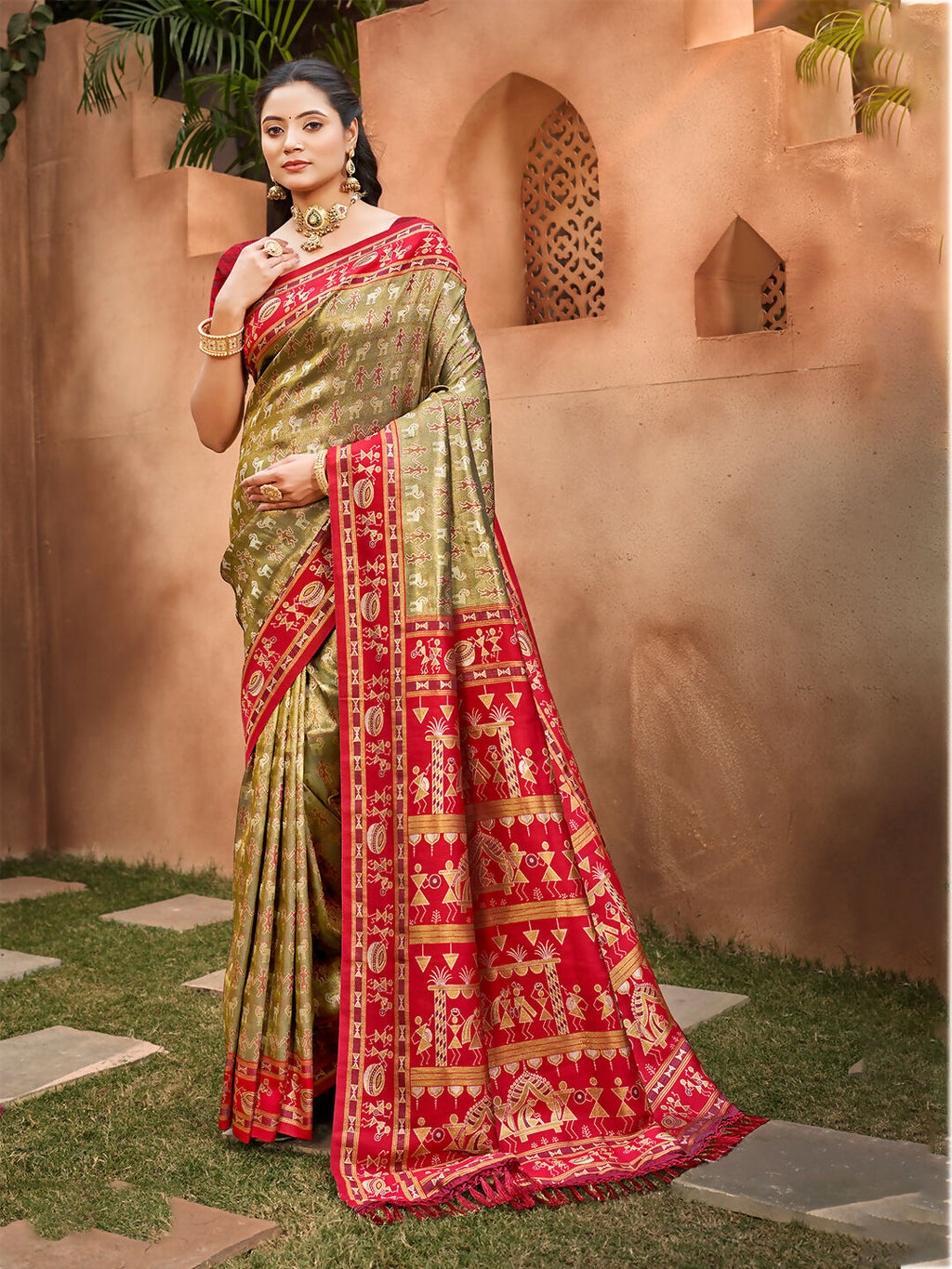 Sangam Prints Beige Kanjivaram Silk Woven Work Traditional Saree | Grocsy