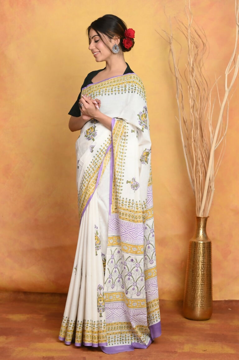 Very Much Indian Handblock Printed Cotton Saree With Natural Dyes - White | Grocsy