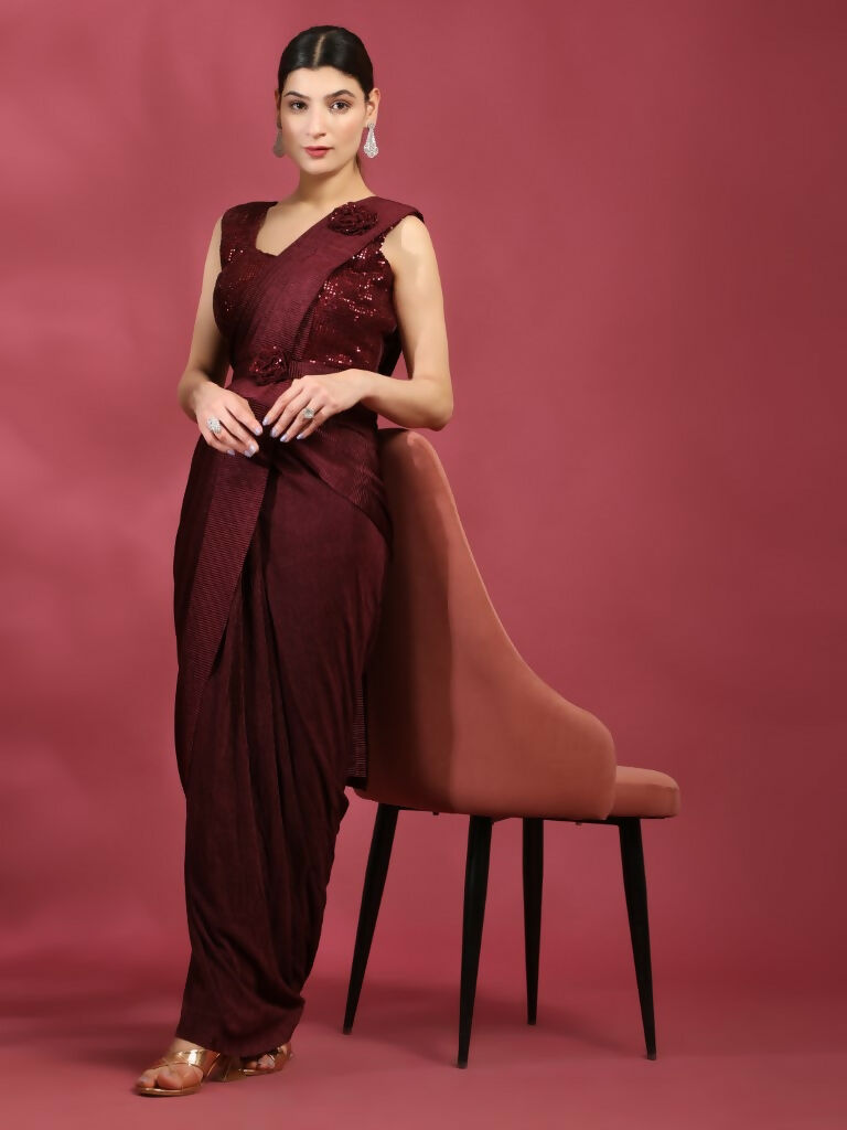 Maroon Imported Crush Lycra Texture Pattern Ready to Wear Saree with stitched Blouse - Nirvana | Grocsy