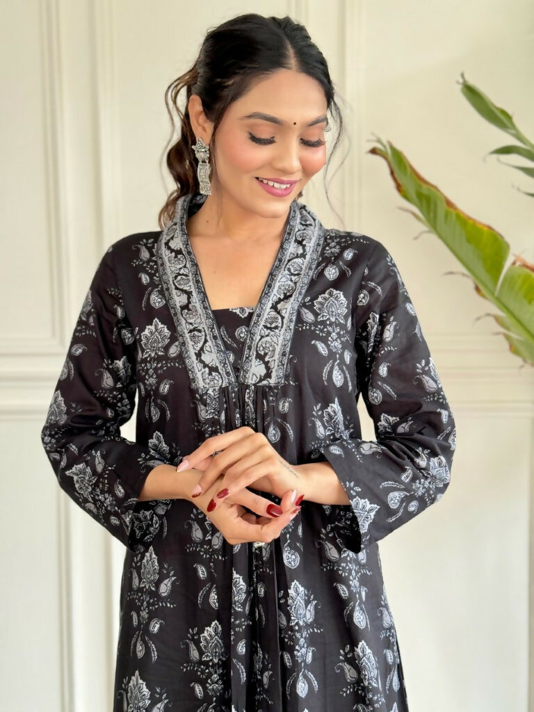 Black Pure Cotton Printed Anarkali Suit with Dupatta - Rashmika | Grocsy