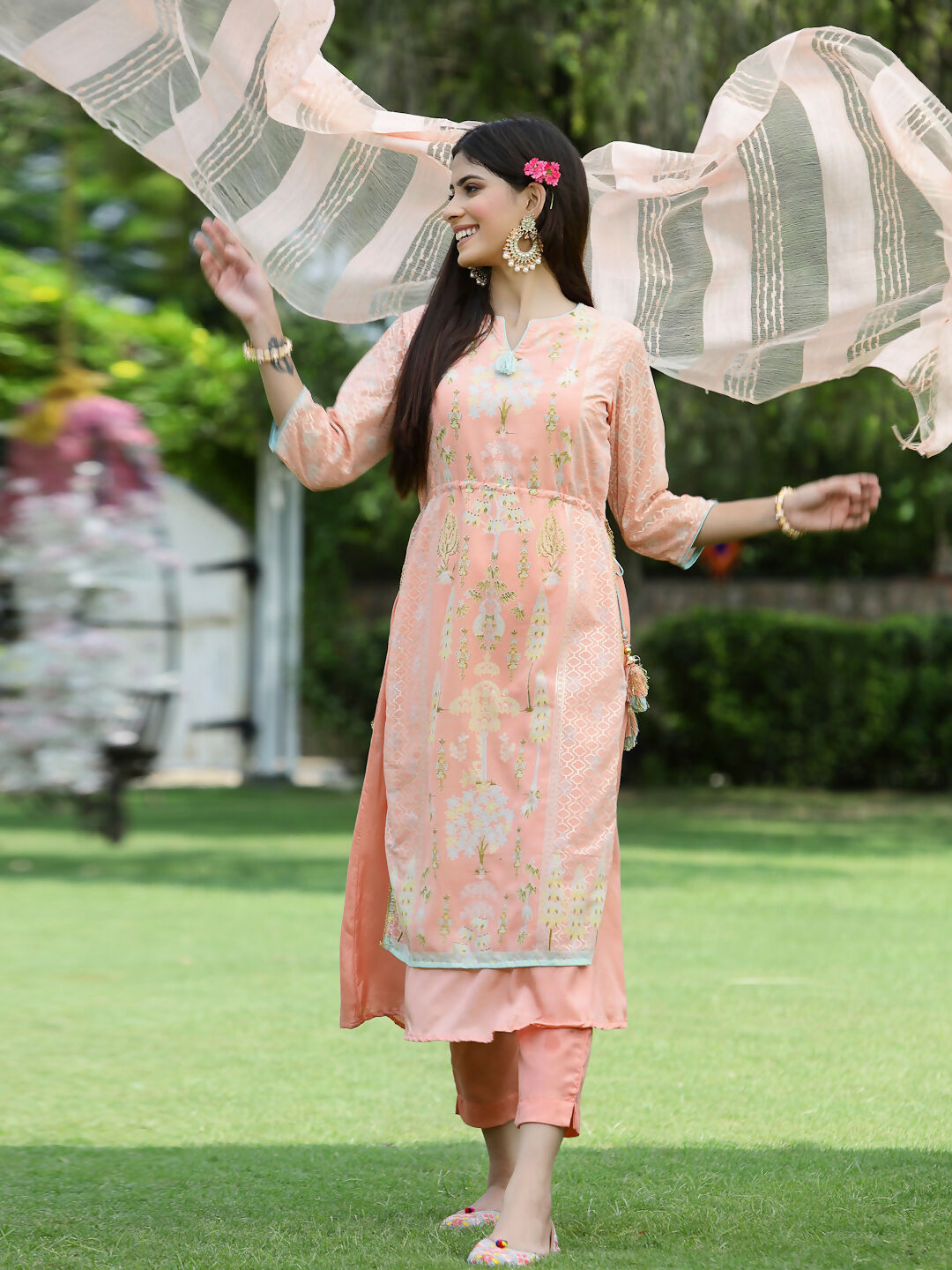 Juniper Orange Ethnic Motif Printed Georgette Kurta Pants & Dupatta Set With Tassels & Lace | Grocsy
