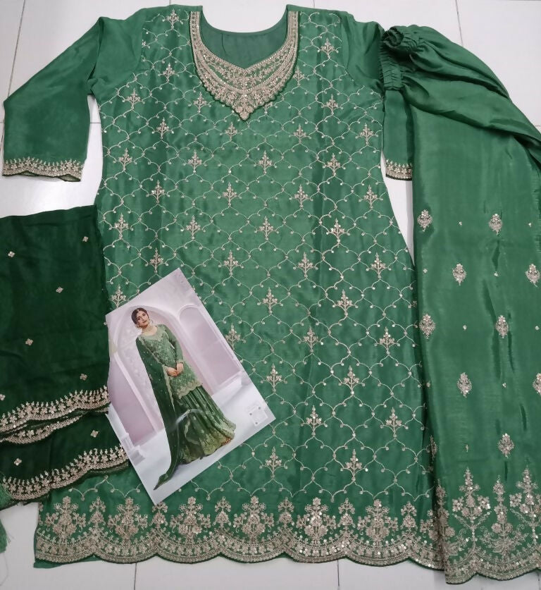 Vastranavya Exquisite Green Heavy Chinon with Embroidered & Sequins Work Salwar Suits | Grocsy