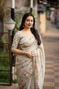 Grey Pure Linen Ethnic Motifs Saree with Unstitched Blouse - A2M | Grocsy