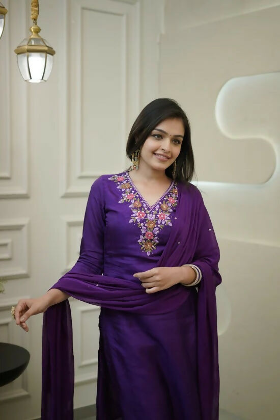 The52 Purple Women's Gorgeous Vichitra Fabric Embroidered Work Straight Kurta Pant and Dupatta Set | Grocsy