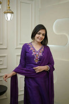 The52 Purple Women's Gorgeous Vichitra Fabric Embroidered Work Straight Kurta Pant and Dupatta Set | Grocsy