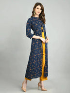 Myshka Women Navy Blue Cotton Printed Shrug, Top And Pant Set | Grocsy