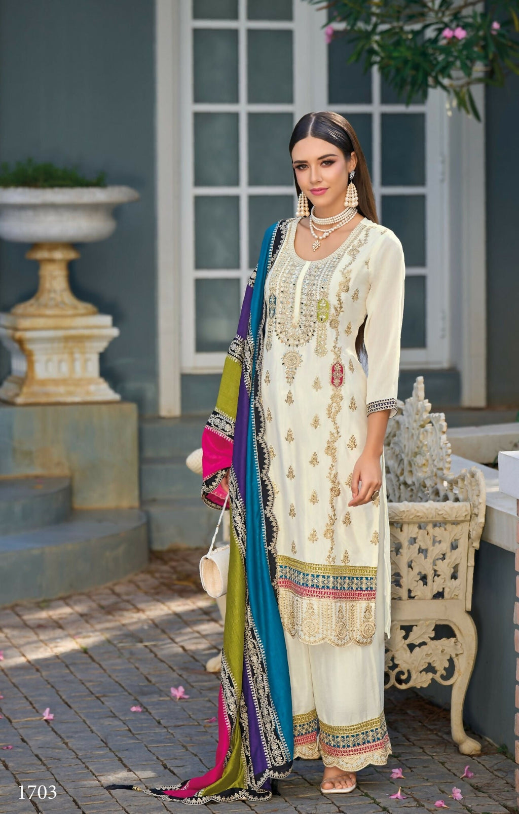 Anaita White Premium Embroidered Chinon Stitched Salwar Suit | Grocsy