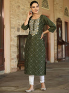 Juniper Women's Green Chinnon Printed Kurta | Grocsy