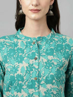 FIORRA Women's Floral Printed Teal Green Pure Cotton Straight Kurta | Grocsy