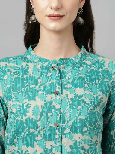 FIORRA Women's Floral Printed Teal Green Pure Cotton Straight Kurta | Grocsy