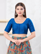 Joban Fashion Fire-Blue Dupion Silk Elbow Sleeveless Front Open Blouse | Grocsy