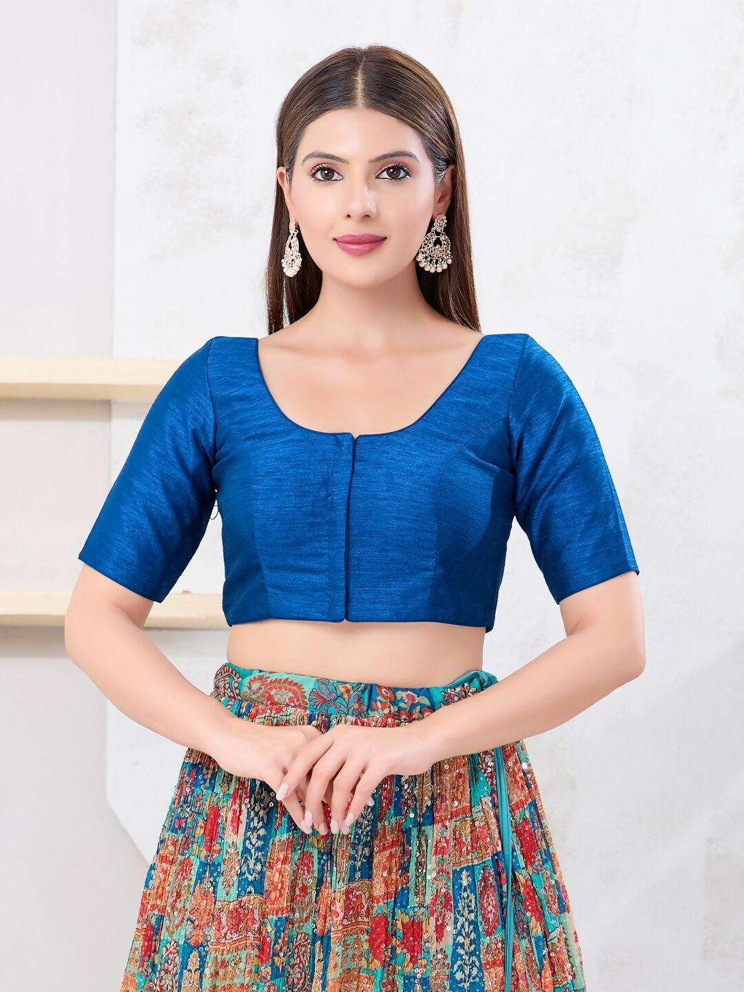 Joban Fashion Fire-Blue Dupion Silk Elbow Sleeveless Front Open Blouse | Grocsy