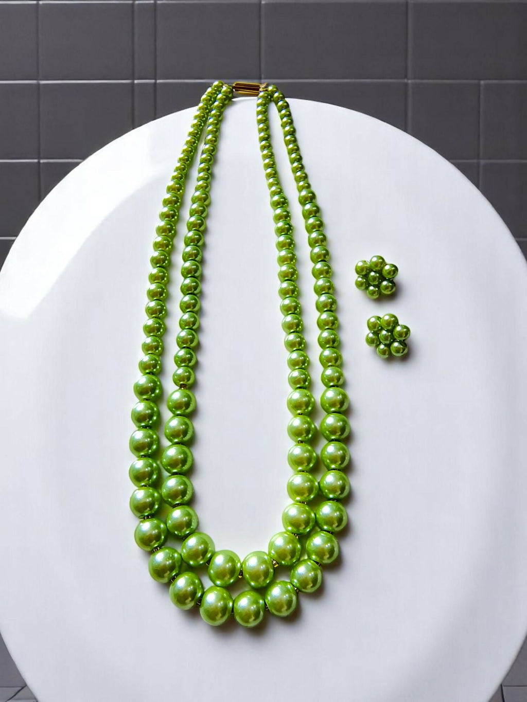 Inhanns Everyday Workwear Pearl Set (Double Layered Pearls) - Pista Green | Grocsy