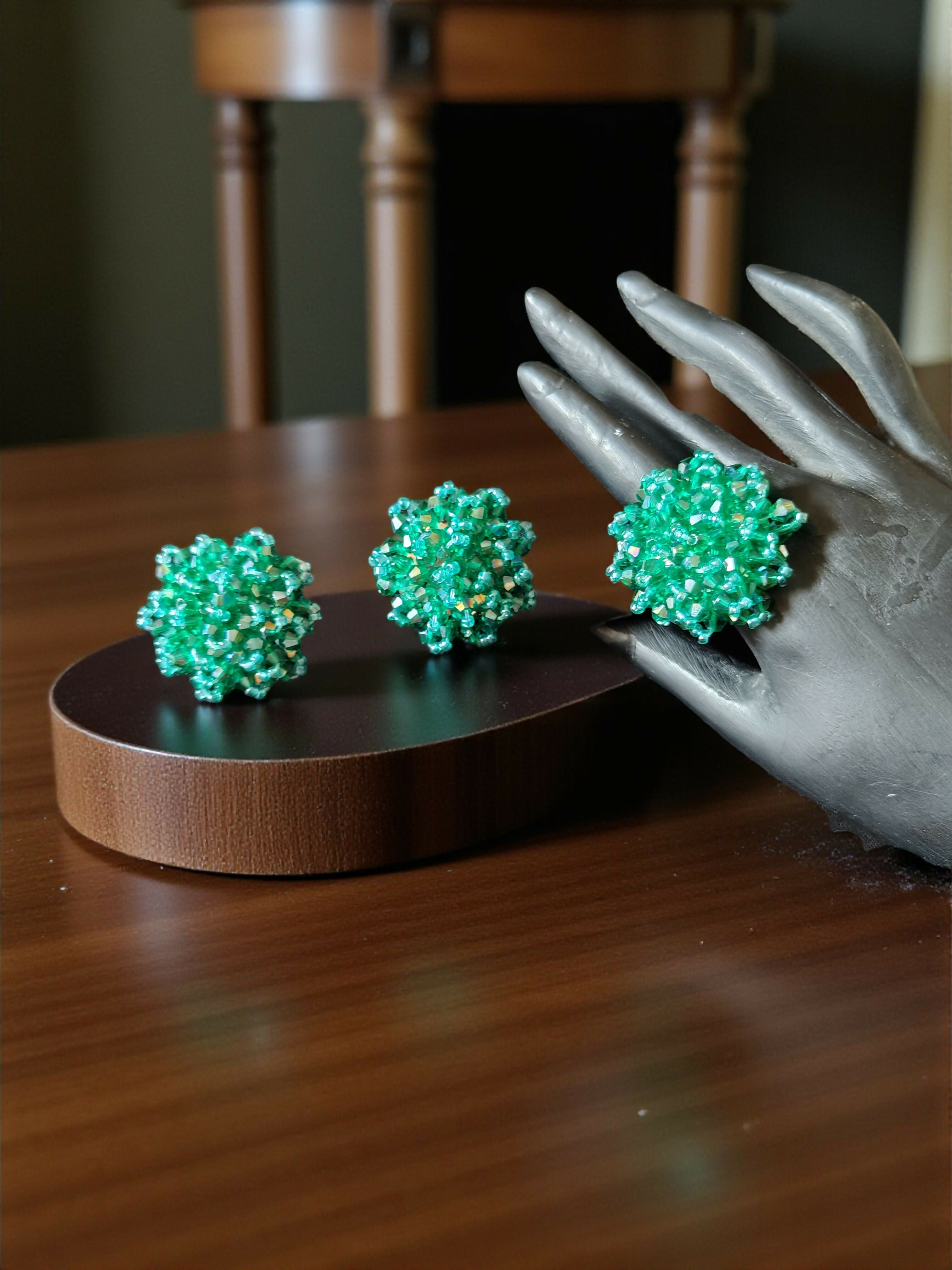 Inhanns Rangmani Crystal Duo – Adjustable Ring + Statement Earrings Set - Sea Green | Grocsy