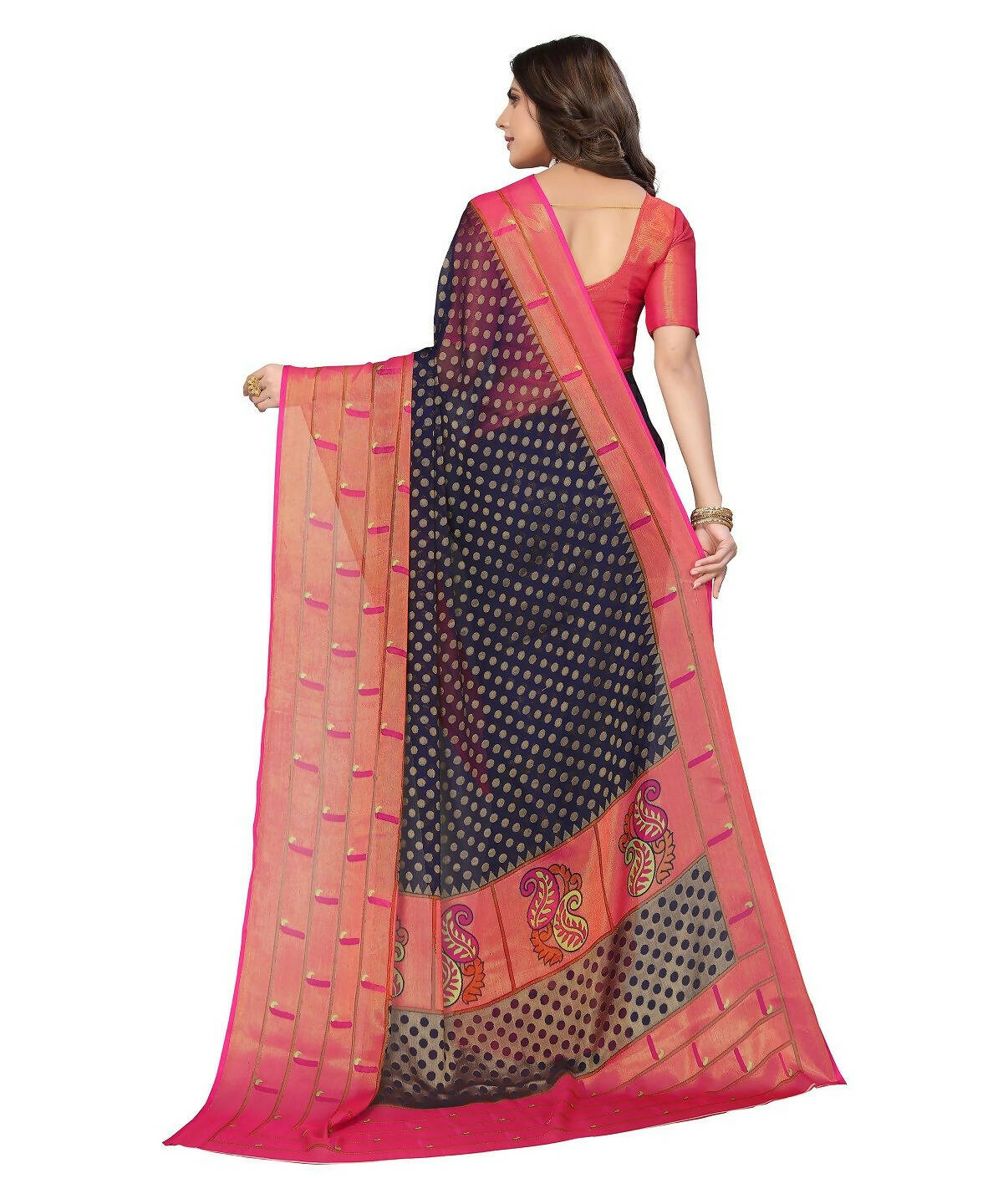 Vamika Navy Blue Chiffon Brasso Bollywood Style Woven Saree (DIMPLE NAVY) | Grocsy