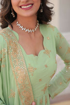 Vastranavya Faux Georgette with Zari & Sequins Embroidery Work Gown with Dupatta - Turquoise | Grocsy