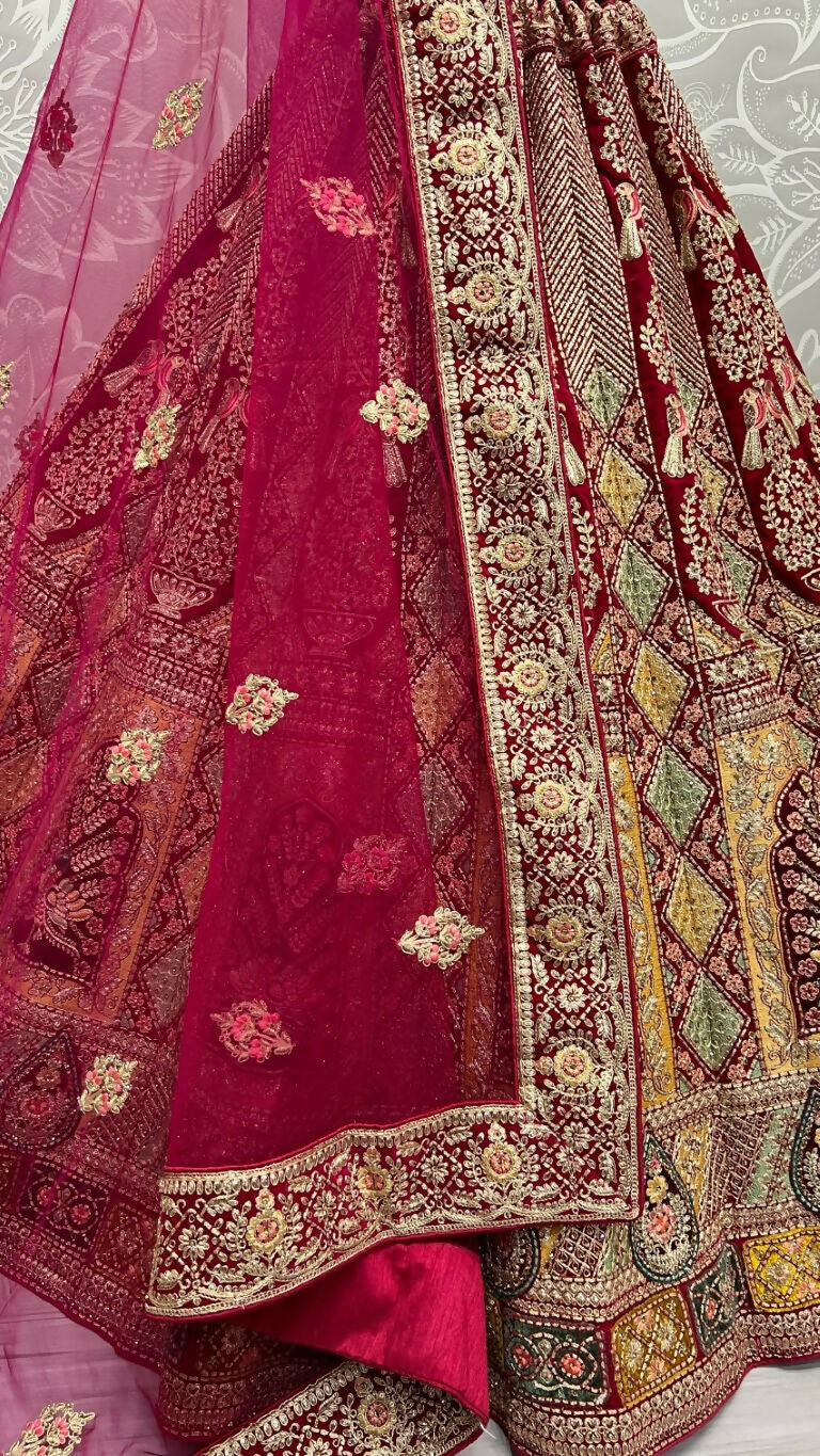 Jyoti Fashion Women's Rani Pink Velvet Fancy Dori, Zari with Multi Thread Embroidered Wedding Lehenga Choli | Grocsy