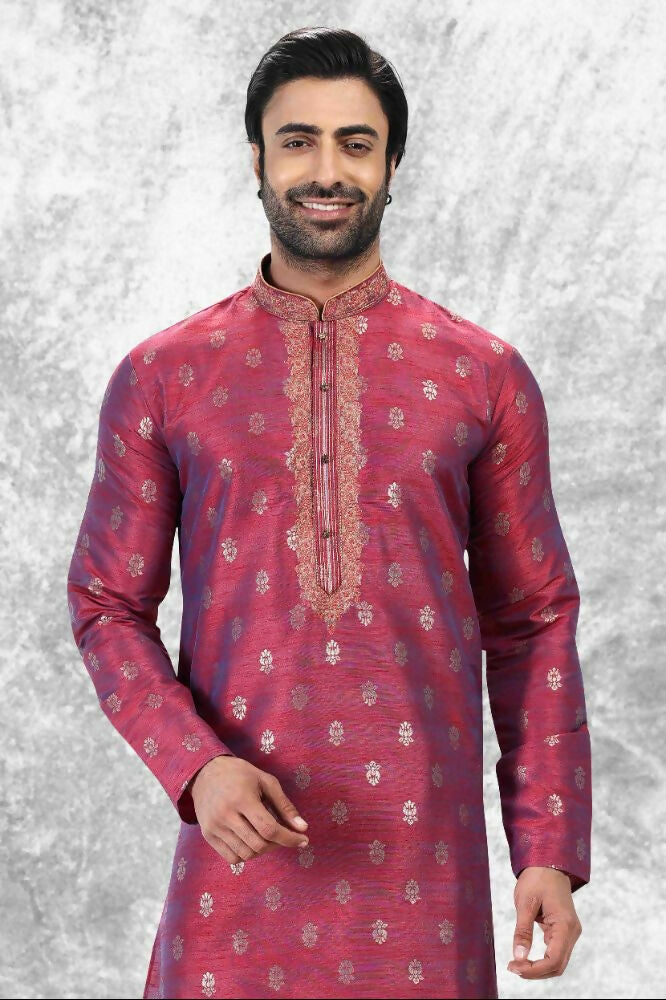 Raivat Ethnic Jacquard Silk Brocade Thread Work Kurta Pajama In Magenta Pink Colour | Grocsy