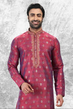 Raivat Ethnic Jacquard Silk Brocade Thread Work Kurta Pajama In Magenta Pink Colour | Grocsy