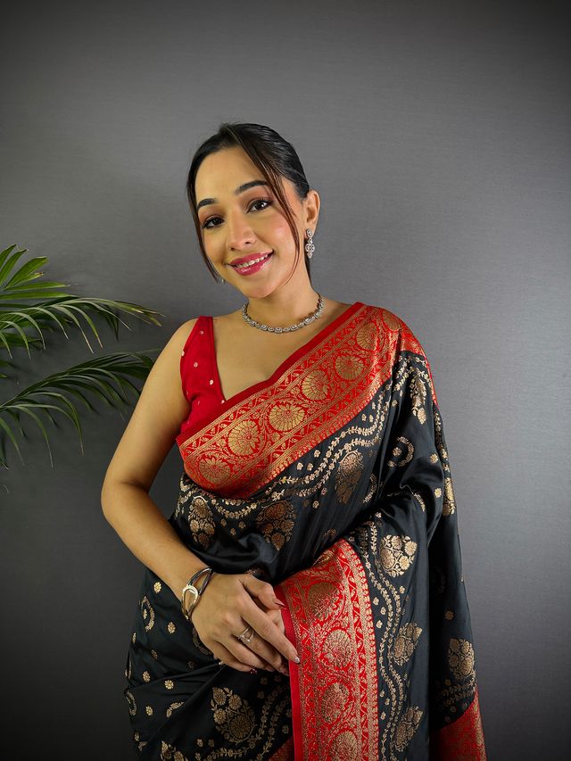 Elora Black Soft Silk Butti Zari Weaving Contrast Weaving Border Banarasi Saree | Grocsy