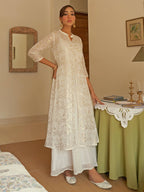 Janasya Women's White Chiffon Lurex Foil Printed Festive Flared Kurta Set | Grocsy