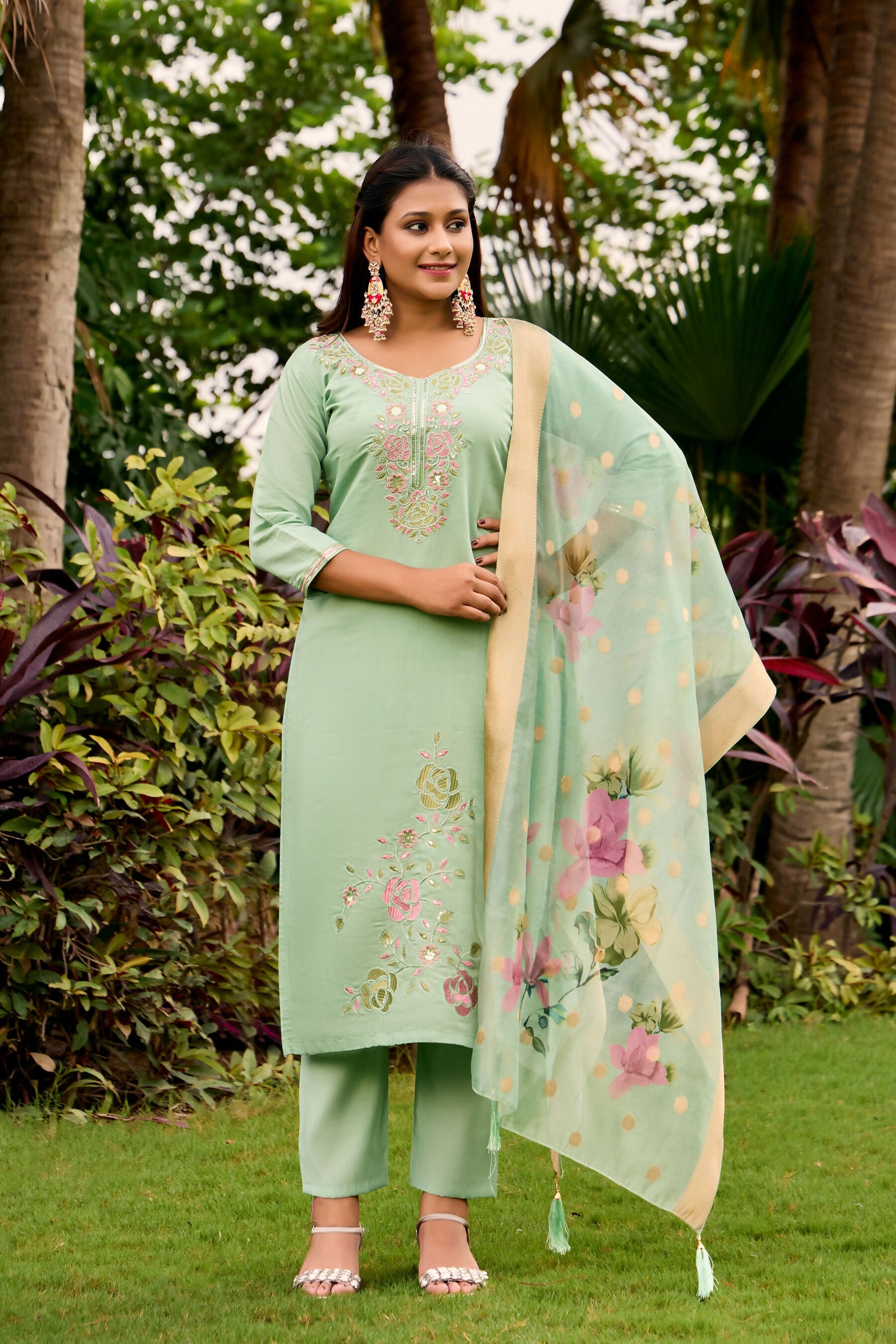 The52 Women's Beautiful Embroidery Work Roman Fabric Straight Kurta Pant and Dupatta Set | Grocsy