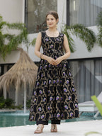 The52 Black Women's Gorgeous Printed Muslin Fabric Flared Kurta Pant and Dupatta Set | Grocsy