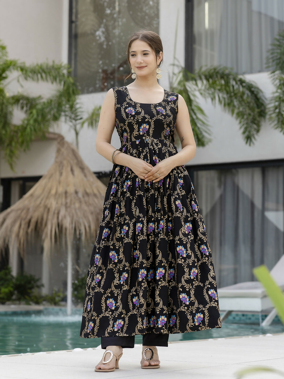 The52 Black Women's Gorgeous Printed Muslin Fabric Flared Kurta Pant and Dupatta Set | Grocsy