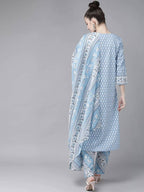 Yufta Women Blue and white printed kurta with Palazzo and Dupatta Set | Grocsy