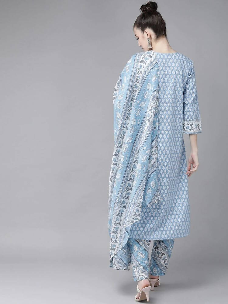 Yufta Women Blue and white printed kurta with Palazzo and Dupatta Set | Grocsy