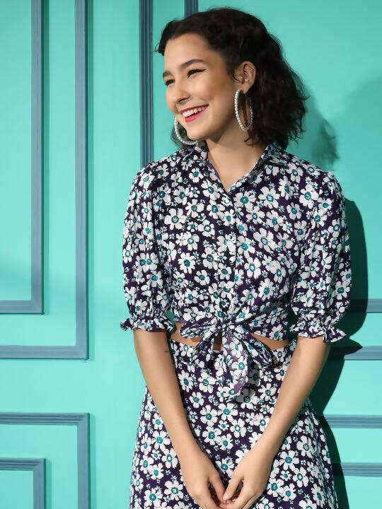 Purple Crepe Floral Printed Top with Matching Skirt - Shivani | Grocsy