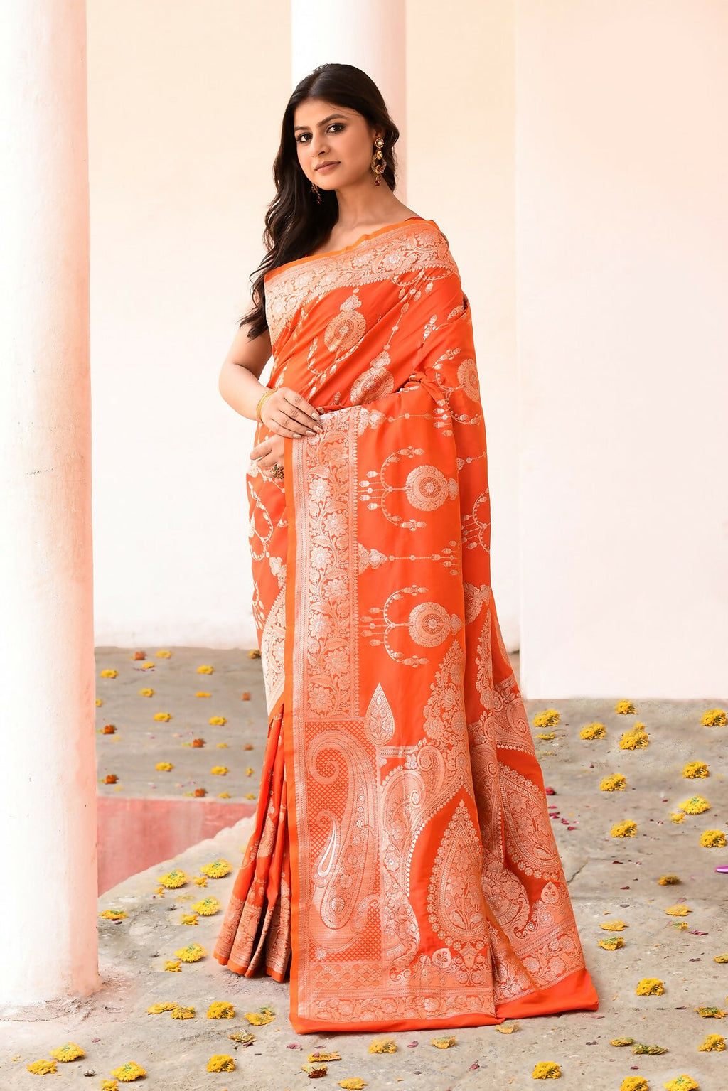 Joban Fashion Orange Banarasi Soft Pure Handloom Banarasi Silk Saree | Grocsy