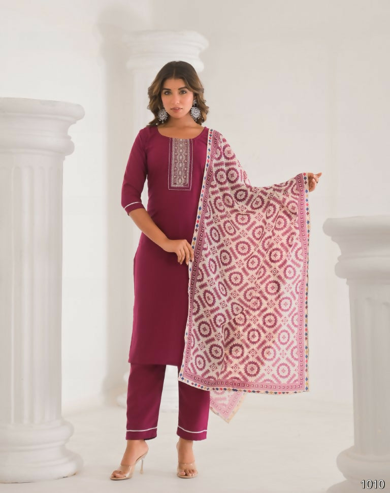 Festive Ethnic Viscose Chanderi Maroon Stitched Suit With Dupatta - Rashmika | Grocsy