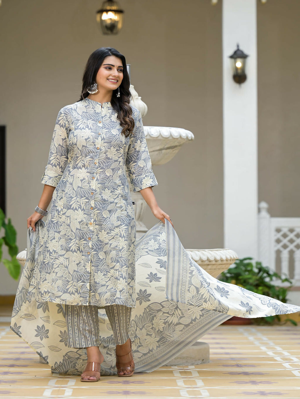 Juniper Women's Grey Floral Printed Cotton Kurta Set With Buttons | Grocsy