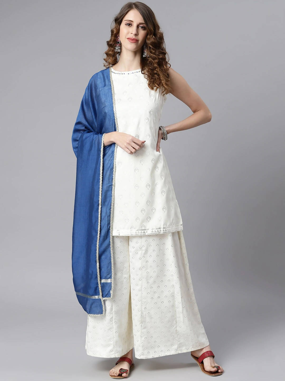 Janasya Women Off White & Silver Printed Kurta with Palazzos & Dupatta | Grocsy