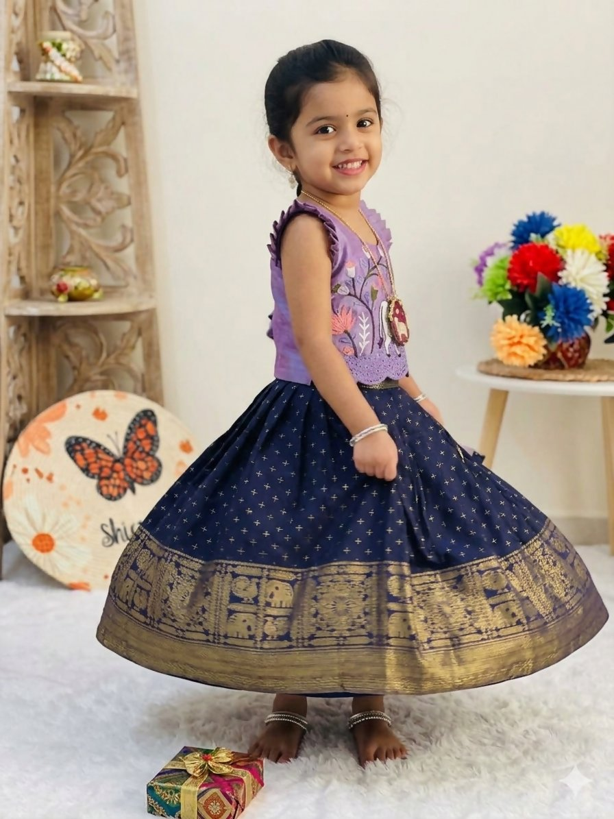 Teeya Creation New Stylish Girls Lavender & Navy Blue Silk Traditional Pichwai Art Lehenga Choli Set-Blue | Grocsy